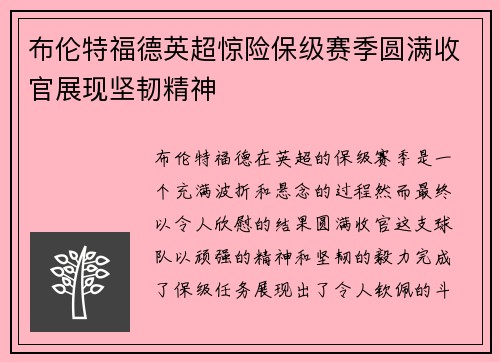 布伦特福德英超惊险保级赛季圆满收官展现坚韧精神